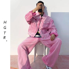 STREETFASH∞N Men Pink Coat Jeans Unisex 2Pcs