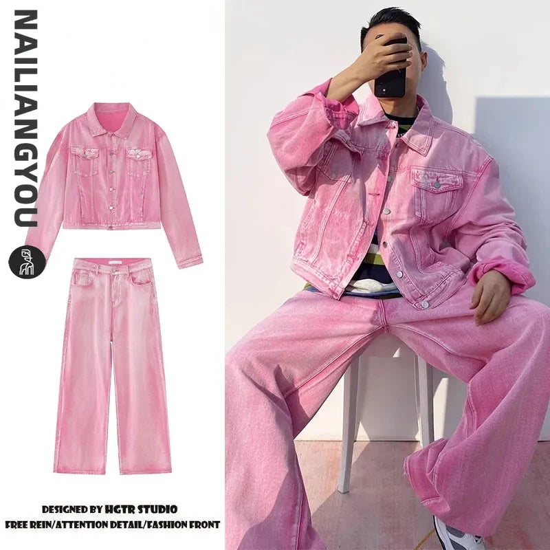 STREETFASH∞N Men Pink Coat Jeans Unisex 2Pcs