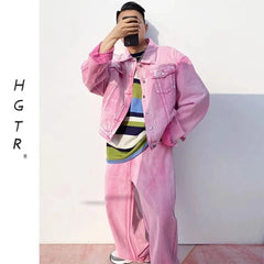 STREETFASH∞N Men Pink Coat Jeans Unisex 2Pcs